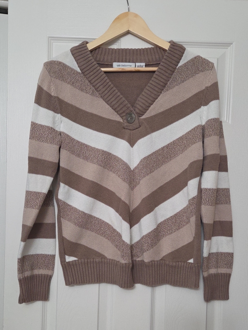 Liz Claiborne Taupe, Cream & Brown Striped V-Neck Sweater